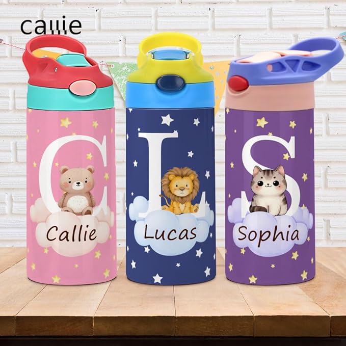 callie Personalized Animal Insulated Water Bottle for Kids, Custom 12 oz Leak Proof Lid Stainless Steel Cups with Straw, Cute Gifts for Boys Girls - Bloomnest
