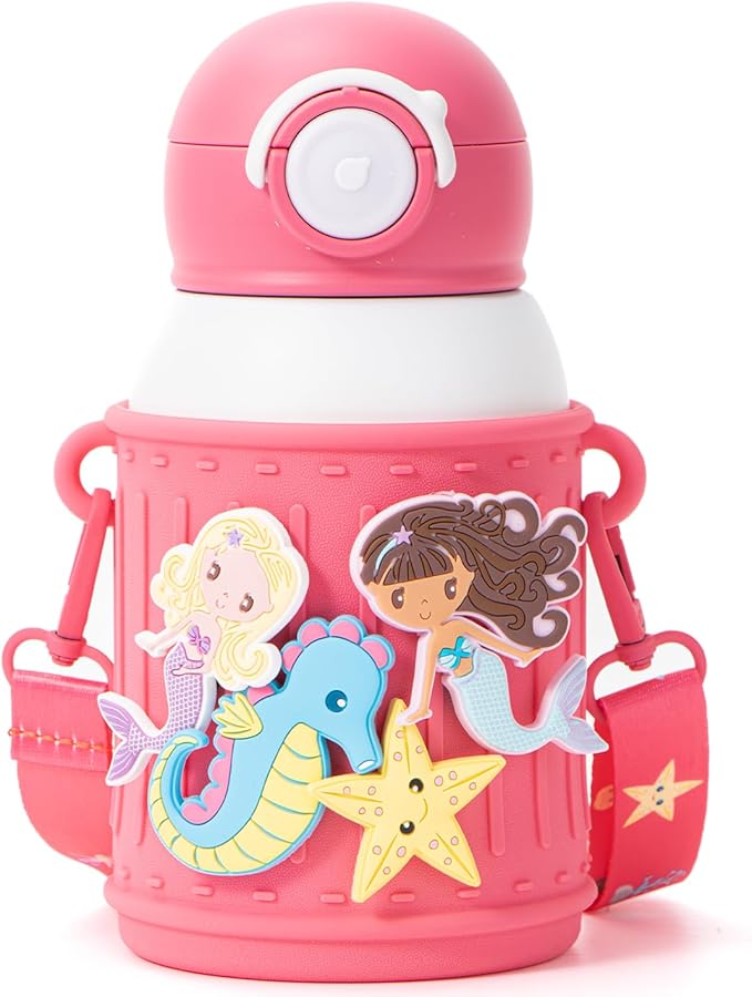 Kids Insulated Tumbler Set – 16oz Stainless Steel Water Bottle with Straw & Pour Lids, Screw-On Cup, Adjustable Strap, Silicone Sleeve & Charms – Leakproof BPA-Free Bottle for Boys & Girls - Bloomnest