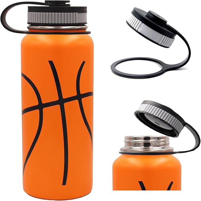 32 oz Basketball Water Bottle, Wide Mouth Sports Flask Metal Travel Tumbler with 2 Lids, Stainless Steel Double Wall Vacuum Insulated Thermo Water Bottles, Basketball Accessories Gifts for Boys Girls - Bloomnest