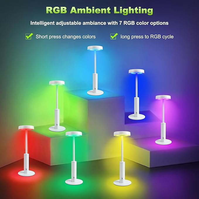Cordless Table Lamp,Portable Rechargeable Battery Desk lamp,3 CCT & 7 RGB Color Changing Dimmable Bedside Lamp,Touch Control Ambient Light for Bedroom/Dining Room/Restaurant/Cafe(White) - Bloomnest