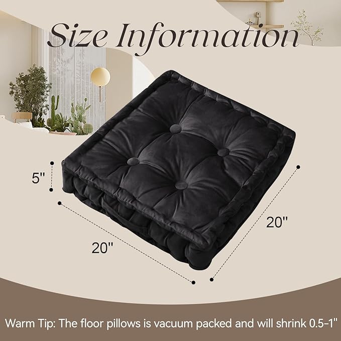 Square Floor Pillows, Large Floor Cushion for Adults Kids, Meditation Floor Pillow Seating Cushion with Shredded Memory Foam and Silk Wadding, 20"x20"x5" Black 2 Count - Bloomnest