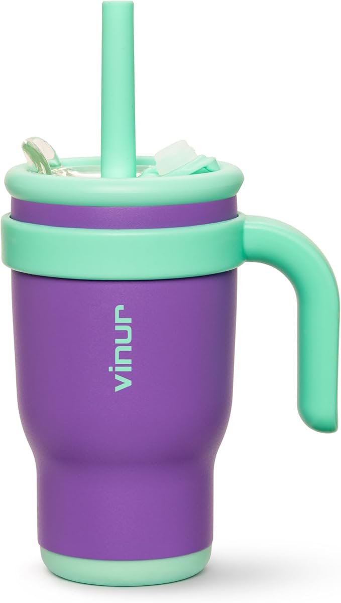 VINUR Kids Tumbler with with Lid and Straw -14 oz Stainless Steel Vacuum Insulated Tumbler Travel Mug with Handle & Silicone Base-Gifts for Girls, Purple - Bloomnest