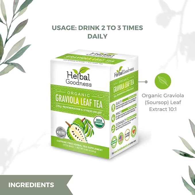 Graviola Leaf Soursop Tea - Organic Soursop Leaves | Hoja de Guanabana Leaves | Cell Support & Regeneration, Calm Relaxation - Caffeine Free - 24 Tea Bags - Herbal Goodness - Bloomnest