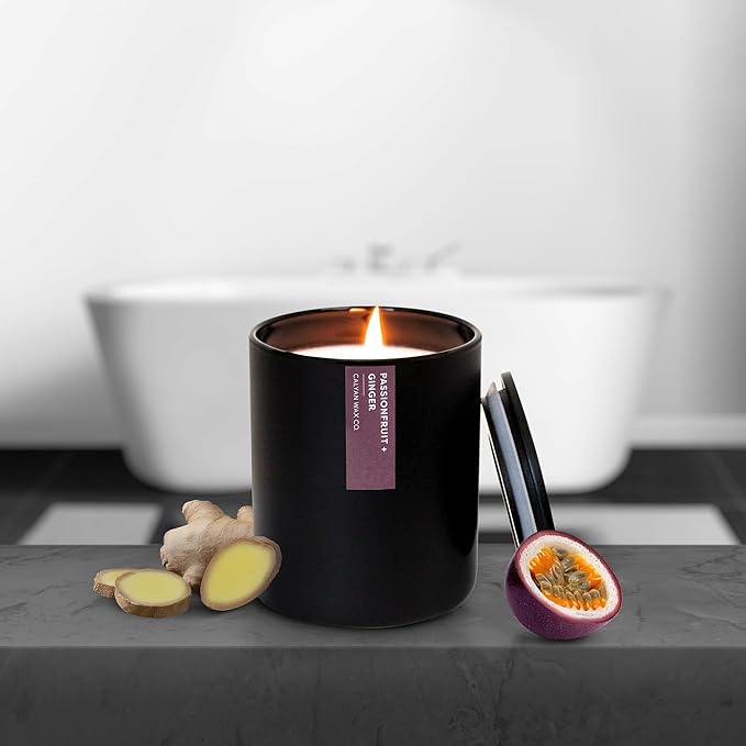 Calyan Wax Co. Passionfruit & Ginger Scented Candle - 75 Hour Burn - Luxury Non Toxic Soy Wax Candles - Long Lasting Black Tumbler Jar Candle for Home - 10.2oz - Bloomnest