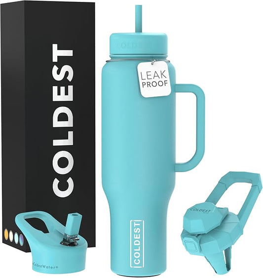 Coldest Tumbler with Handle and Straw, 100% Spill Proof Tumbler with Straw (3 Lids), Stainless Steel Insulated Leakproof Tumblers for Women Men, Cup Holder Friendly, 46 oz (Turtly Green) - Bloomnest