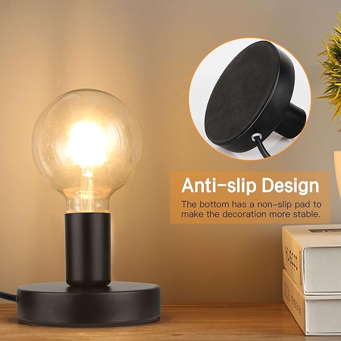 Helunsi Industrial Table Lamp Base, E26 E27 Lamp Base Without Shade, Mini Short Desk Lamp Exposed Bulb Base, Simple Metal Edison Light Bulb Stand, with 5.8ft Cord Switch Plug Bulb Base Holder (Black) - Bloomnest