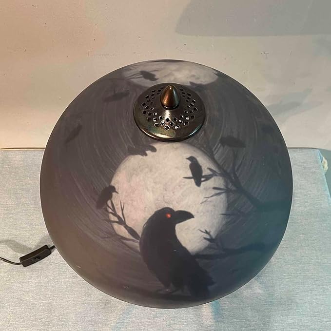 Bieye L10945 Ravens Sitting on Bare Tree Branch Against Full Moon Hand-Painted Glass Table Lamp with Raven Nest Lamp Base for Halloween Home Decor