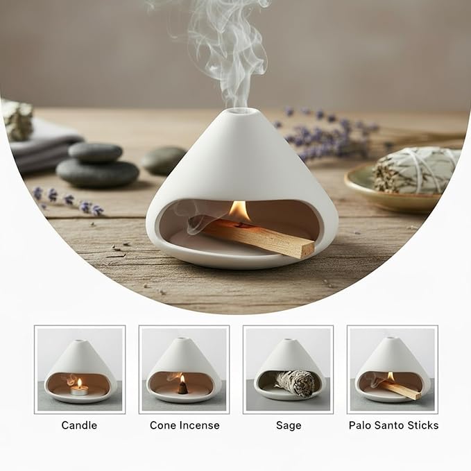 Palo Santo Holder Incense Burner,Sage Sticks Incense Holder,Zongzi Clay Smudge Bowl with Chimney,Mini Cone Ceramic Fireplace for Cedar,Yoga,Sleep,Home Decor,Anxiety Relief Meditation for Women (White) DIDIBIRD