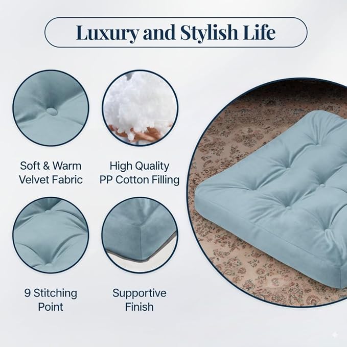 Velvet Floor Pillow Set of 2, Square Large Pillows Seating for Adults, Tufted Cushions for Meditation, Yoga Tatami Living Room Chair, Machine-Washable & Dryer-Safe, Pastel Blue, 22x22 Inch - Bloomnest
