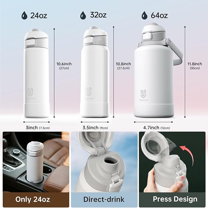 Insulated Magnetic Water Bottle - Reusable Stainless Steel Bottle with MagSafe Compatible Phone Holder - Keeps Cold for 24 Hours - Perfect for Gym, Sports, and Travel - Black 24oz Magcheer