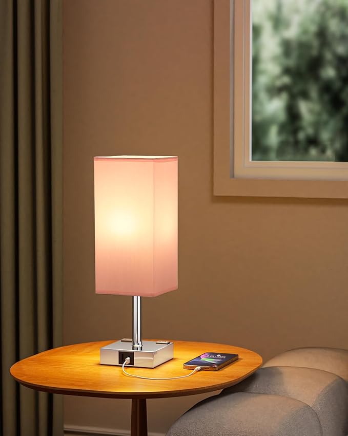 Touch Bedside Table Lamp for Nightstand - 3-Way Dimmable Night Lamp with USB A + Type C Charging Ports and Two AC Outlets, Small Desk Light with E26 LED Bulb for Bedroom Living Room Dorm Office, Pink - Bloomnest