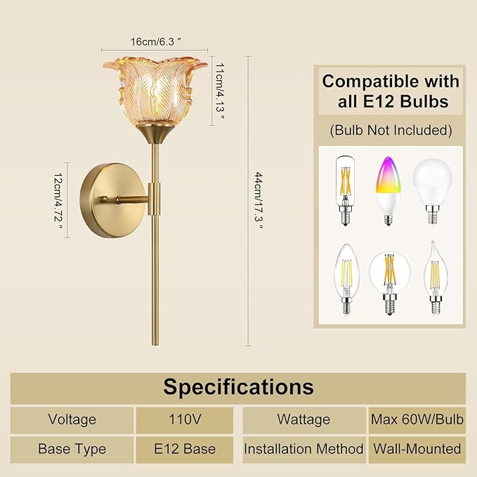 Gold Wall Sconce Set of 2 with Amber Glass Shades, Modern Mid Century Bathroom Vanity, Wall Light Fixtures Industrial, Brushed Brass Wall Lamp, for Bedroom Mirror Living Room Restaurant - Bloomnest