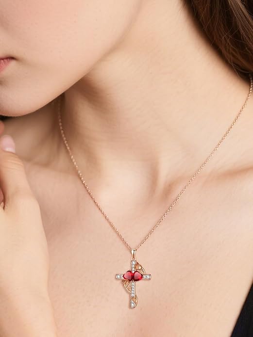 Rose Gold Dual Birthstones Cross Necklace for Women Rose Flower Jewelry Anniversary Christmas Mother's Valentine's Day Birthday Gift for Wife Girlfriend Mom - Bloomnest
