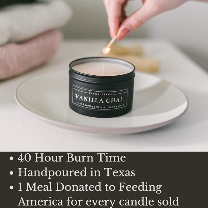 River Birch Candles Vanilla Chai Scented Candle | Premium, All-Natural, Non-Toxic, Soy Candles | 8 oz. Matte Black Tin Travel Candle | Cozy Relaxing Gifts for Home - Bloomnest