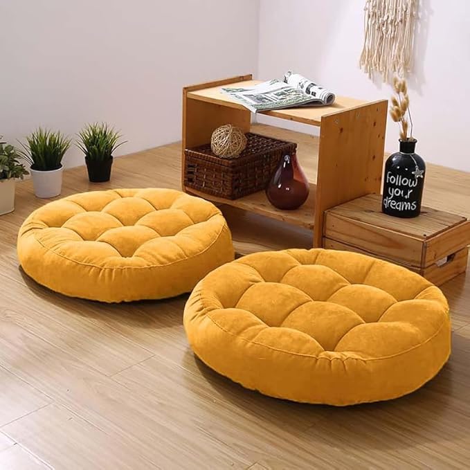 Meditation Floor Pillow Set of 2 Large Round Floor Cushions for Adults Tufted Corduroy Floor Seat Pillows Cushion for Living Room,Yellow 16.5" Lx16.5 Wx3 H - Bloomnest