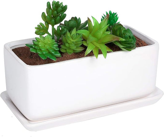 10 inch Rectangular White Ceramic Planter Pot Succulent Cactus Herb Flower Container Window Box Saucer Removable Drip Tray Base Drain Holes Home Office Indoor Outdoor Garden Desktop - Bloomnest