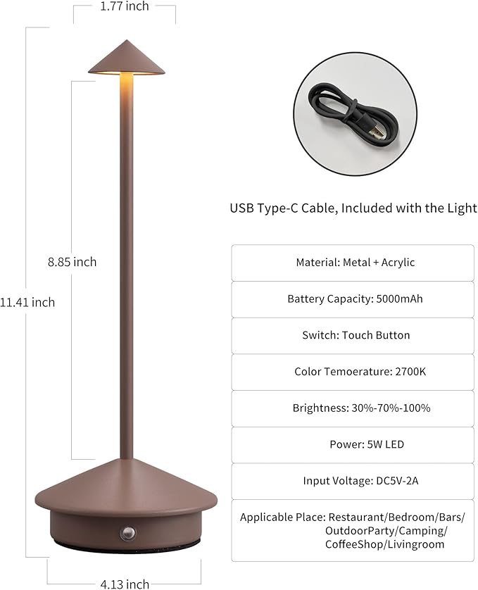 Modern Cordless Table Lamp Set of 2, Portable LED Desk Lamps, 5000mAh Rechargeable Battery Operated Lighting for Bedroom Dining Room Restaurant Coffee Shop Camping Night Light (Brown) - Bloomnest