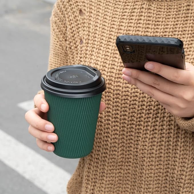 Restaurantware-12 Ounce Disposable Coffee Cups, 500 Ripple Wall Hot Cups For Coffee - Lids Sold Separately, Rolled Rim, Forest Green Paper Insulated Coffee Cups, For Hot Coffee, Tea, And More - Bloomnest