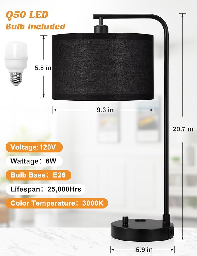 Innqoo Black Tall Table Lamp with USB Port and Outlet, Dimmable Nightstand Bedside Lamps with Linen Lampshade, Desk Lamp for Bedroom, Living Room, Guest Room, Home Office, LED Bulb Included - Bloomnest