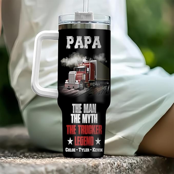 Personalized Trucker Dad Tumbler 40oz with Handle and Straw, Custom Semi Truck Design with Kids’ Names, Gift for Truck Driver Papa or Grandpa for Father’s Day, Birthday or Christmas - Bloomnest