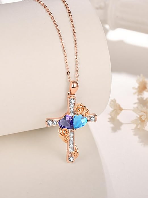 Rose Gold Dual Birthstones Cross Necklace for Women Rose Flower Jewelry Anniversary Christmas Mother's Valentine's Day Birthday Gift for Wife Girlfriend Mom - Bloomnest