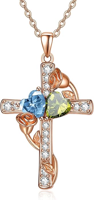 Rose Gold Dual Birthstones Cross Necklace for Women Rose Flower Jewelry Anniversary Christmas Mother's Valentine's Day Birthday Gift for Wife Girlfriend Mom - Bloomnest