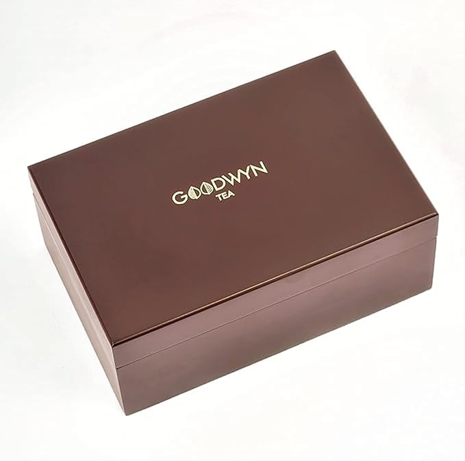 Goodwyn Assorted Tea Sampler Box – 60 Individually Wrapped Tea Bags | Premium Herbal, Black & Green Tea Collection in Reusable Wooden Chest | 6 Flavors x 10 Each: Darjeeling, English Breakfast, Green, Jasmine, Kahwa, Peppermint | Ideal Gift Set - Bloomnest