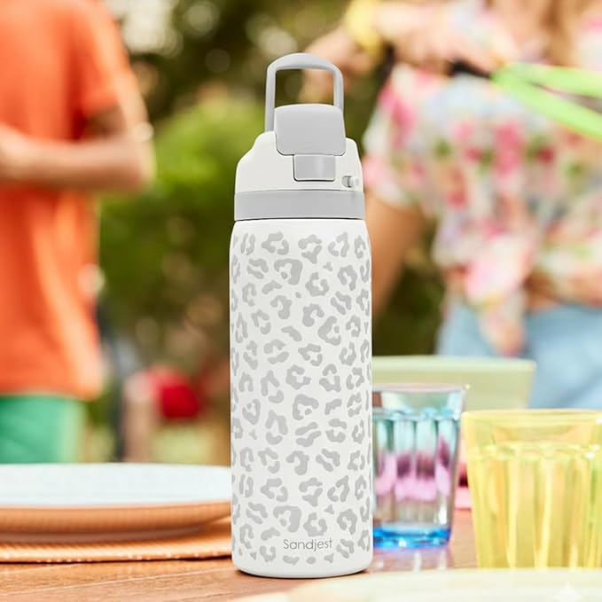 Leopard Print Insulated Stainless Steel Water Bottle with Straw for Sports and Travel, 32oz, Gifts for Women Girls Friends Teens Birthday Christmas (Grey) - Bloomnest