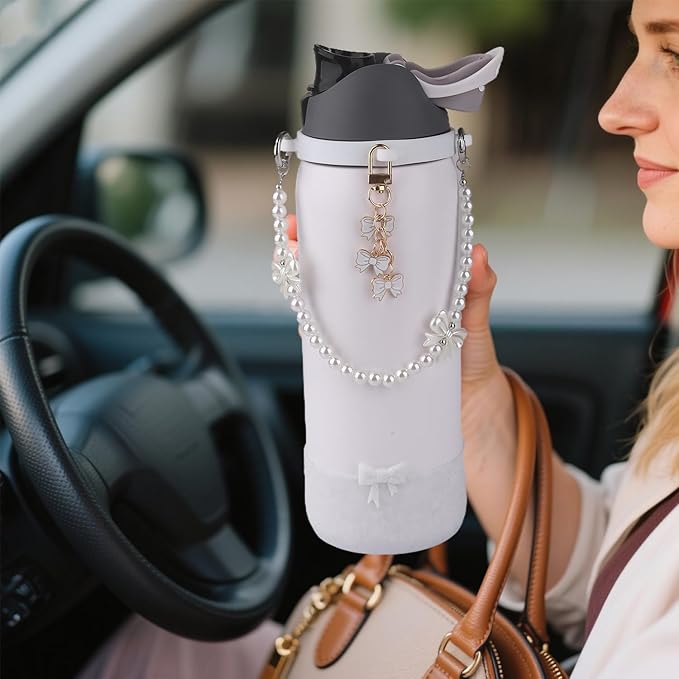 Water Bottle Accessories Set for Owala FreeSip 24oz、32 oz– Includes Pearl Handle Strap, Bow Charms,2.9in .3inch Silicone Bling Boot for Owala Accessories for Women Bloomnest