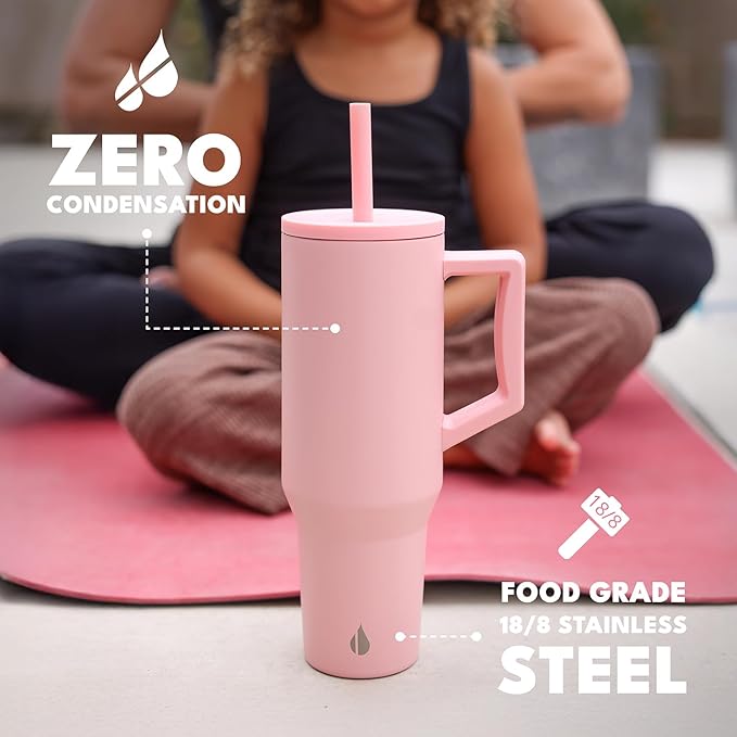Elemental 40 oz Tumbler with Handle and Straw - Spill Proof Insulated Stainless Steel Commuter for Hot and Cold Beverages - Travel Coffee Mug with 2 Straws & Spill Proof Lid - 40oz - Rose - Bloomnest