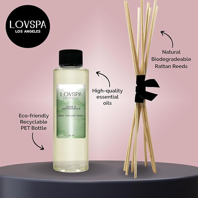 LOVSPA Sage & Lemongrass Diffuser Oil - Luxury Essential Oils for Diffuser Refill & Air Freshener Room Spray - Long-Lasting & Natural Home Fragrance, Scented Oil for Diffusers, USA Made, 4oz - Bloomnest