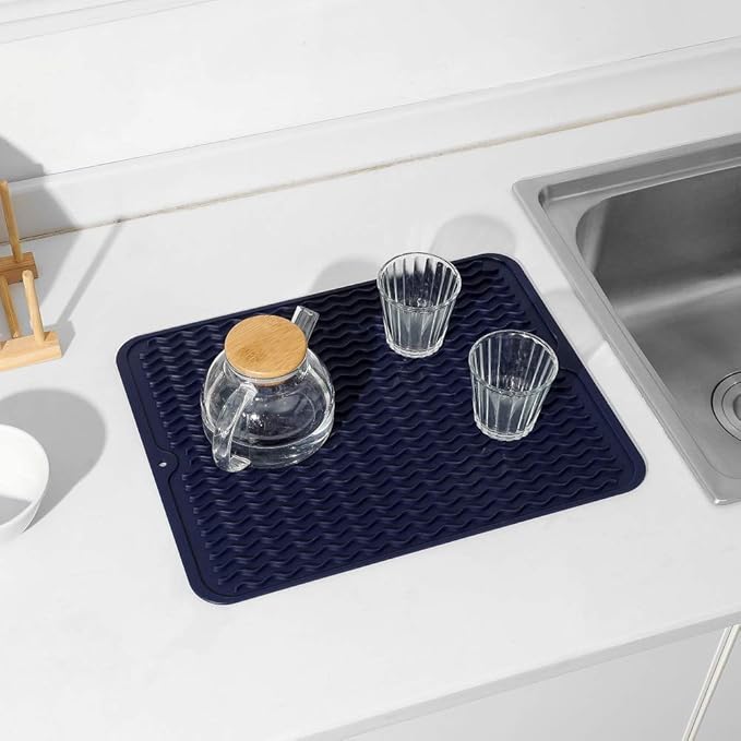 Silicone Dish Drying Mat for Multiple Usage,Easy clean,Eco-friendly,Heat-resistant Silicone Mat for Kitchen Counter or Sink,Refrigerator or drawer liner Navy Blue L 16 inches x 12 inches - Bloomnest