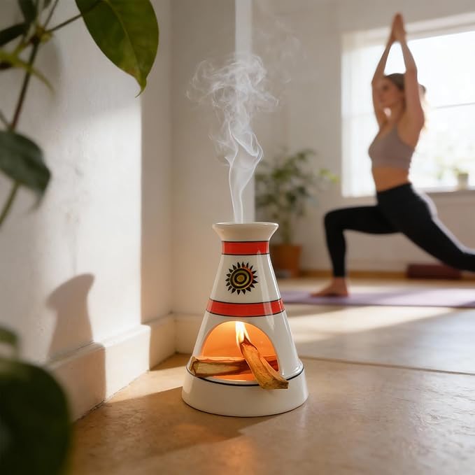 Handcrafted Sun Totem Ceramic palo santo sticks holder with - Tent-Shape Mini chiminea for Sage, Incense Cones & Smudging Rituals -Thoughtful Gifts for Yoga, Meditation, Ash, Zen, Aromatherapy MOUGIGI