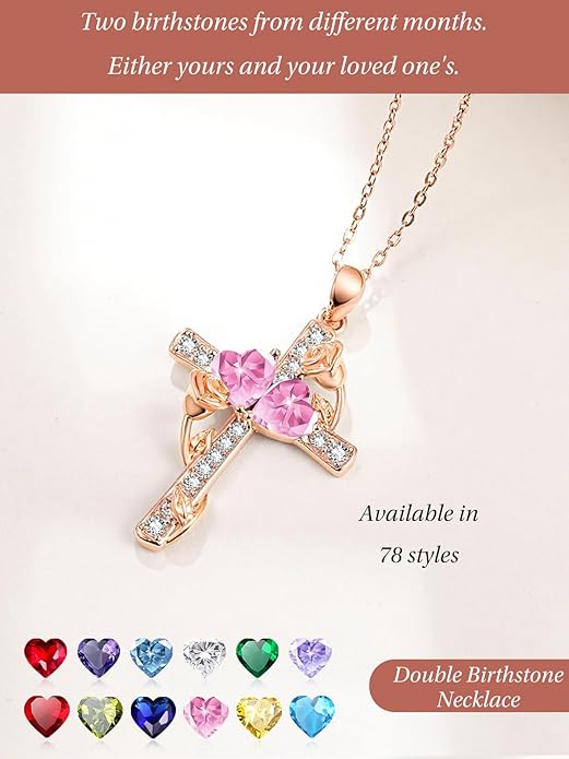 Rose Gold Dual Birthstones Cross Necklace for Women Rose Flower Jewelry Anniversary Christmas Mother's Valentine's Day Birthday Gift for Wife Girlfriend Mom - Bloomnest