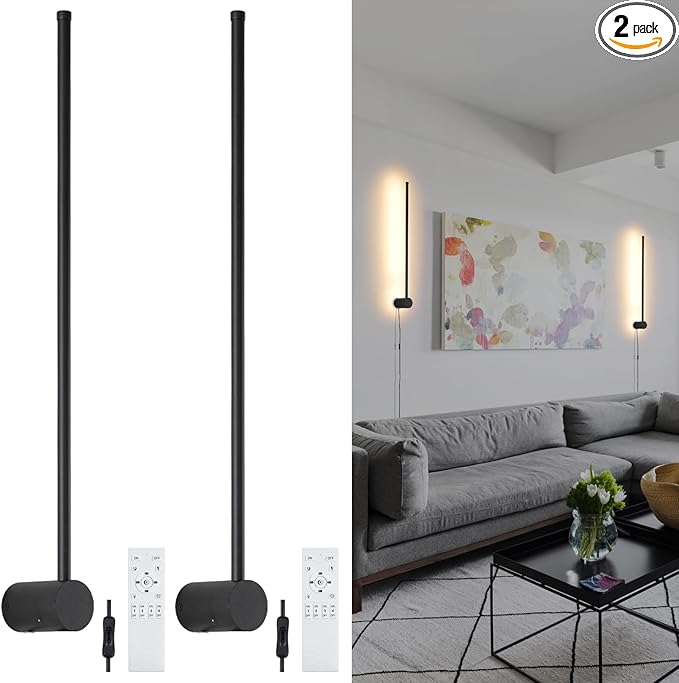 Dimmable Plug in Wall Sconce Set of 2, Black 23.6" LED Wall Light with Remote, Adjustable Color Temperature Brightness Wall lamp with Timer for Living Room,Bedroom and Accent Lighting - Bloomnest