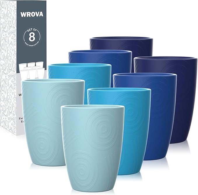 Wheat Straw Cups 8 PCS Good Alternative to Plastic Reusable Cups 12 oz Unbreakable Drinking Cup Reusable Dishwasher Safe Water Plastic Glasses - Ocean Series - Bloomnest