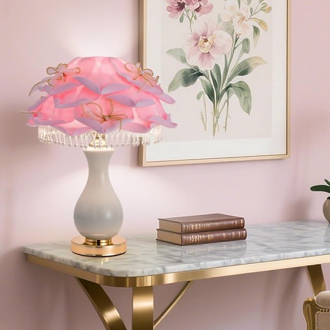 Pink Rose Flower Lamp Nordic Flower Table Lamp Romantic Ceramic Nightstand Light Modern Princess Bedside Lamp for Girl Valentines Mother's Day Wedding Decor Bedroom Living Room Entry - Bloomnest