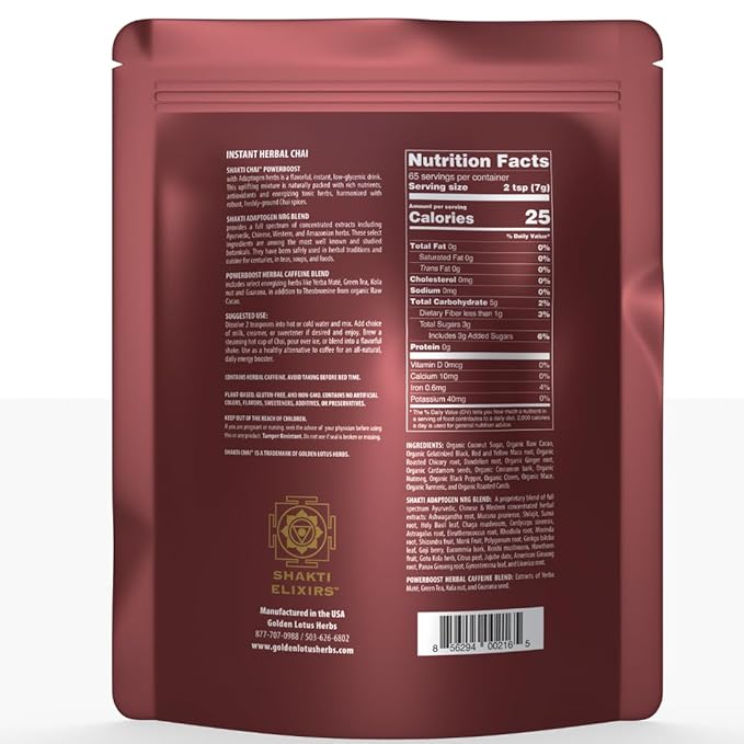 Shakti Chai Herbal Chai Mix – Maca & Superfood Blend | Energizing Spiced Chai Drink with Coconut Sugar, Cacao & Yerba Mate – 16oz - Bloomnest