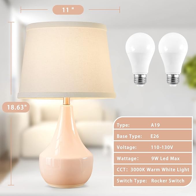 GyroVu Table Lamp Set of 2, 18.63” Ceramic Lamp Classic Beside Lamps Nightstand Lamp Modern Bedside Lamp for Living Room, Bedroom & Office Rocker Swtich Pink-LED Bulbs Included - Bloomnest