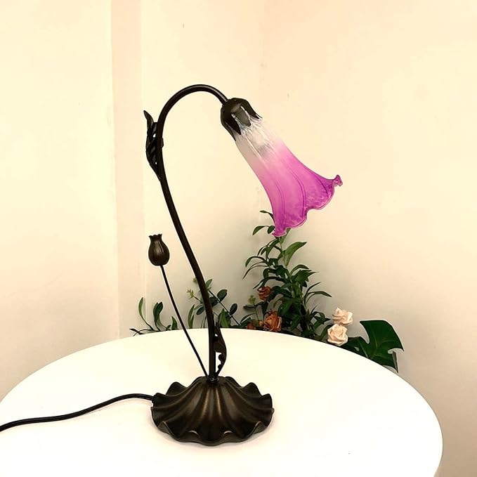 Bieye L10849 Lily Flower Blown Glass Accent Table Lamp for Living Room Bedroom Decoration (1-Light, Purple) - Bloomnest