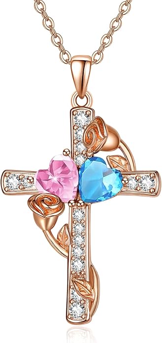 Rose Gold Dual Birthstones Cross Necklace for Women Rose Flower Jewelry Anniversary Christmas Mother's Valentine's Day Birthday Gift for Wife Girlfriend Mom - Bloomnest