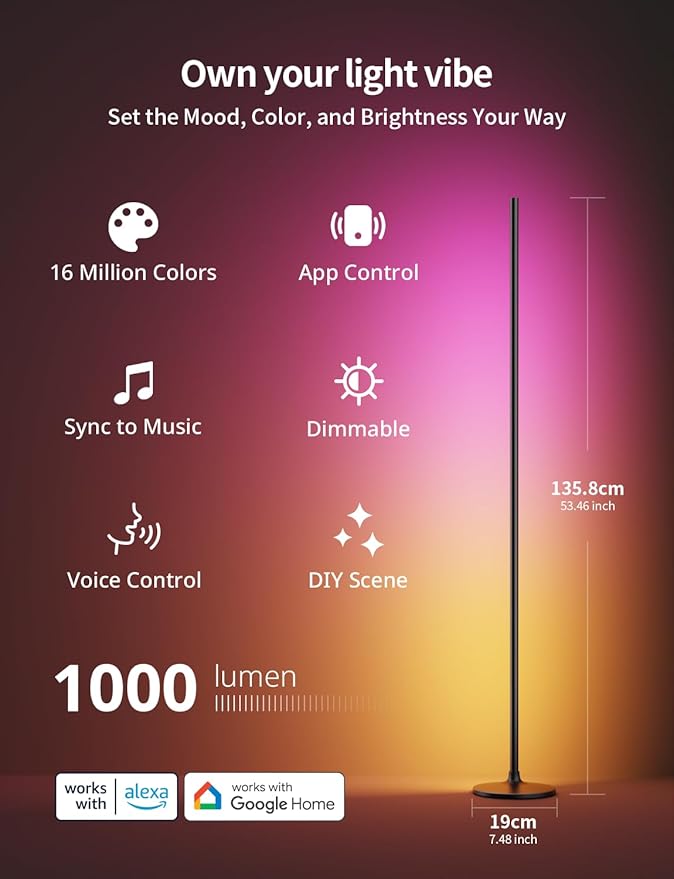 Ailofy Corner Floor Lamp, Corner Lamp Compatible with Alexa & Google Assistant, 16 Million DIY Colors, Sync with Music, App Control, Timer Setting, LED Floor Lamp for Living Room and Bedroom, Black - Bloomnest