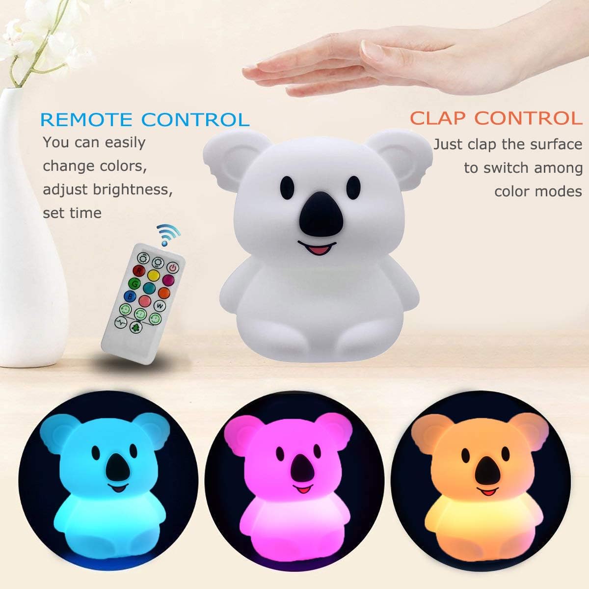 Koala Night Light for Kids Silicone Bedside Bedroom Lighting, Baby Nursery Light Sleeping NightLights, Color Changing Lamps - Eye Caring, Adjustable Brightness & Color, Time Setting - Medium