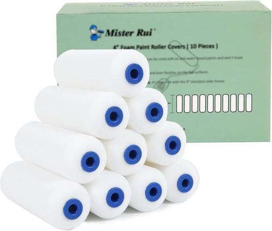 Mister Rui Foam Paint Roller, 4 Inch Paint Roller 10 Pack, Small Paint Roller, Foam Paint Roller 4 Inch, Small Foam Paint Roller High Density, 4 Inch Foam Rollers for Painting Walls, Cabinets