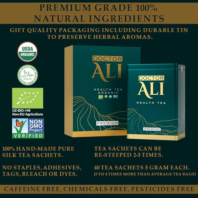 DOCTOR ALI HEALTH TEA - Cleanse & Detox, Kidney & Liver Health, Digestion, Immunity, Sleep Improvement | Premium Grade | 11 Organic Super Herbs for Holistic Wellness | 40 Pure Silk Sachets, 5 gr each - Bloomnest