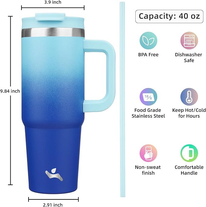 40 oz Tumbler with Handle and 2 Straws,2 in 1 Lid Insulated Water Bottle Stainless Steel Travel Coffee Mug,Sky - Bloomnest