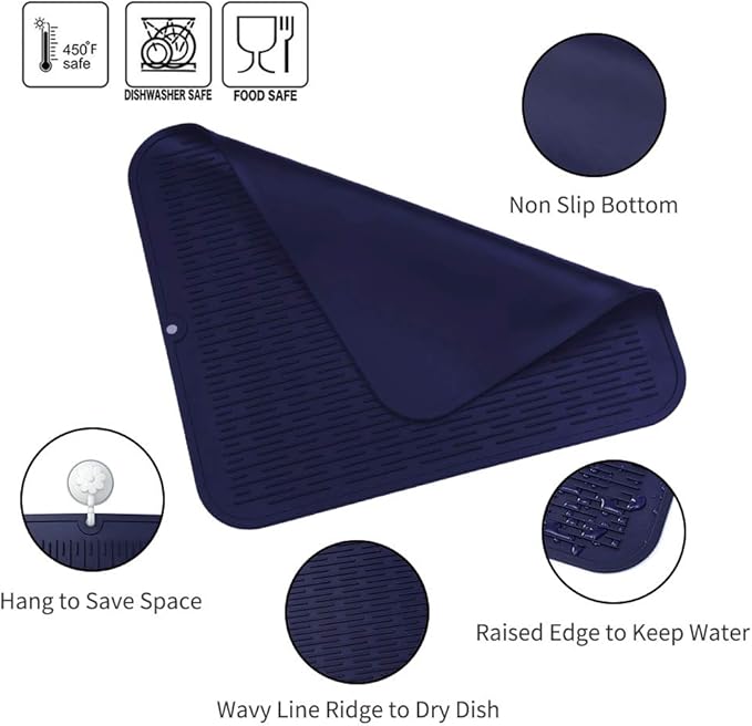 Silicone Dish Drying Mat for Multiple Usage,Easy clean,Eco-friendly,Heat-resistant Silicone Mat for Kitchen Counter or Sink,Refrigerator or Drawer Liner Navy Blue XL 18 inches x 16 inches - Bloomnest