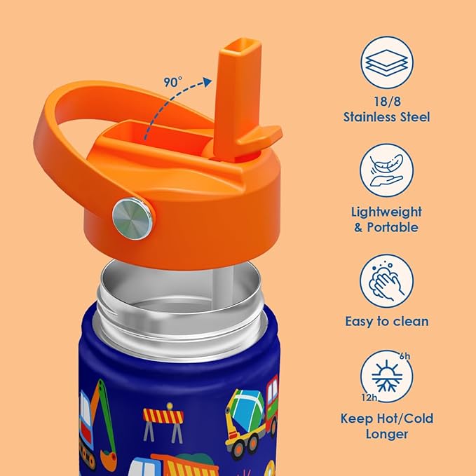 SANDJEST Kid Water Bottle 12oz with Straw Lid - 2-Pack Insulated Stainless Steel Water Bottles for Kids Boys Girls - Travel Cup for School Sports, Construction & Transportation - Bloomnest