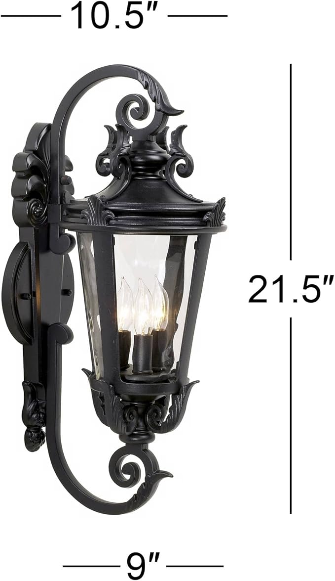 John Timberland Casa Marseille European Outdoor Wall Light Fixture Mediterranean Black Scroll Arm 21 1/2" Clear Hammered Glass for Exterior House Porch Patio Outside Deck Garage Front Door Home - Bloomnest