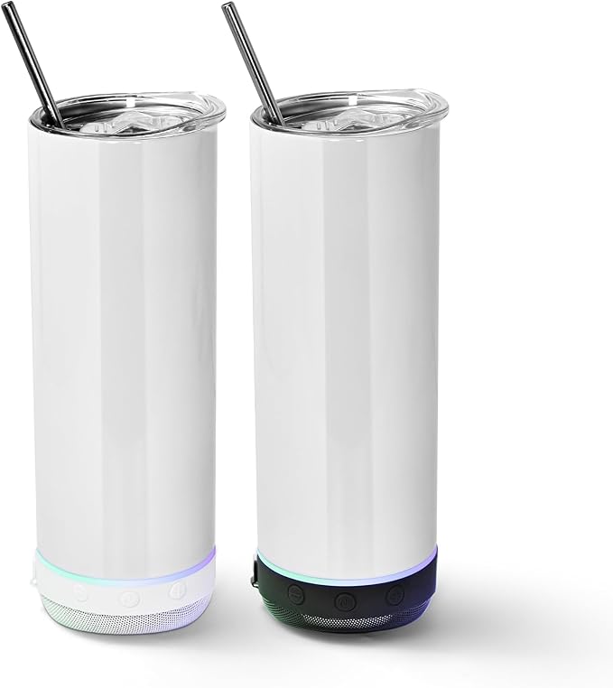 AGH 2 Pack Music Speaker Tumbler with Straw, Lid & Detachable LED Light, 20 Oz Skinny Stainless Steel Double Wall Cup, Suitable for DIY Gifts (Black & White) - Bloomnest
